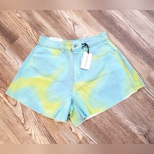 We Wore What Womens 27 S Flare Bell Short Tie Dye Blue Yellow High Rise Stretch